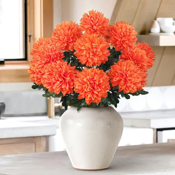 22 in. Orange Artificial Ball Mum Pom Pom Flower Stem Bush Bouquet (Set of 2)