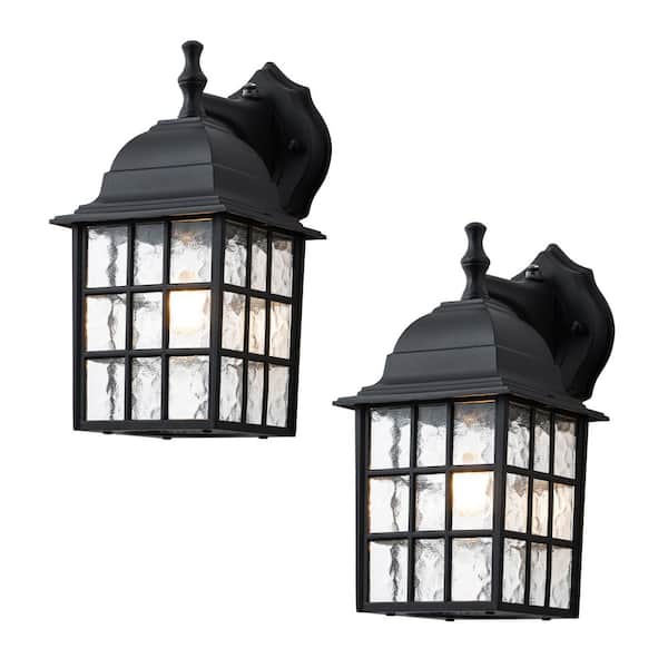 11.25 in. Black Dusk to Dawn Outdoor Hardwired Wall Lantern Sconce with Water Glass, No Bulbs Included (2-Pack)