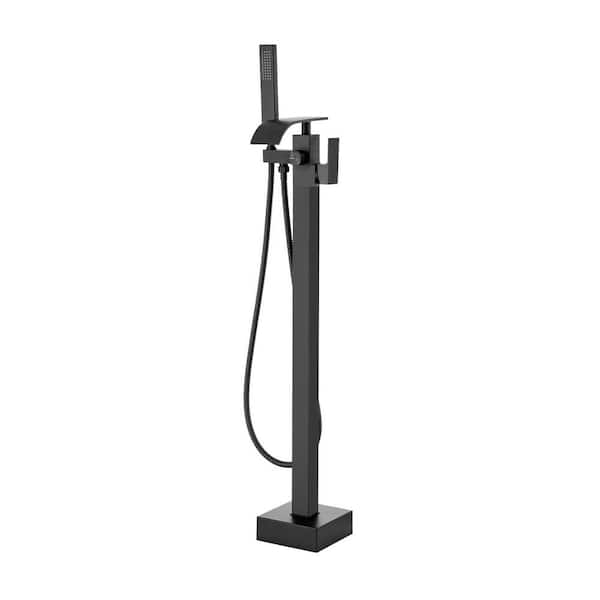 Floor-Mounted Bathtub Faucet, Independent Tub Filler with Shower Mixer, Dual Water Flow, Rotatable Spout, 1 Jet, Black