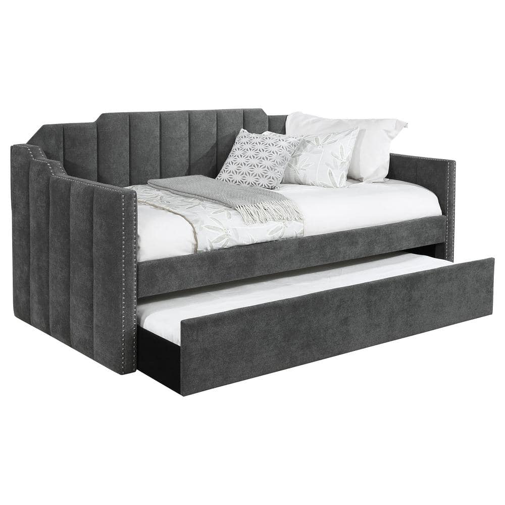 Gray Velvet Twin Daybed with Trundle and Nailhead Trim