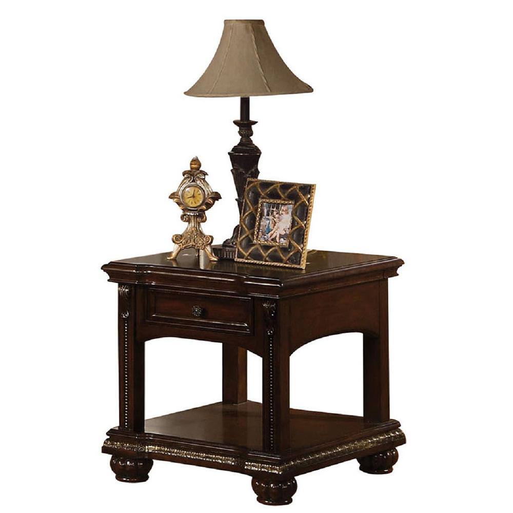 Cherry Brown Wooden End Table with Glass Top and Storage