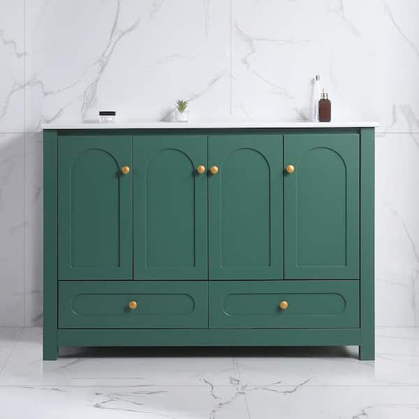 48 in. Freestanding Single Sink Green Bath Vanity with White Ceramic Top