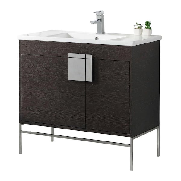 FINE FIXTURES Shawbridge 36 in. W x 18.11 in. D x 33.5 in. H Bath Vanity in Black Oak Straight Grain with Ceramic Vanity Top in White