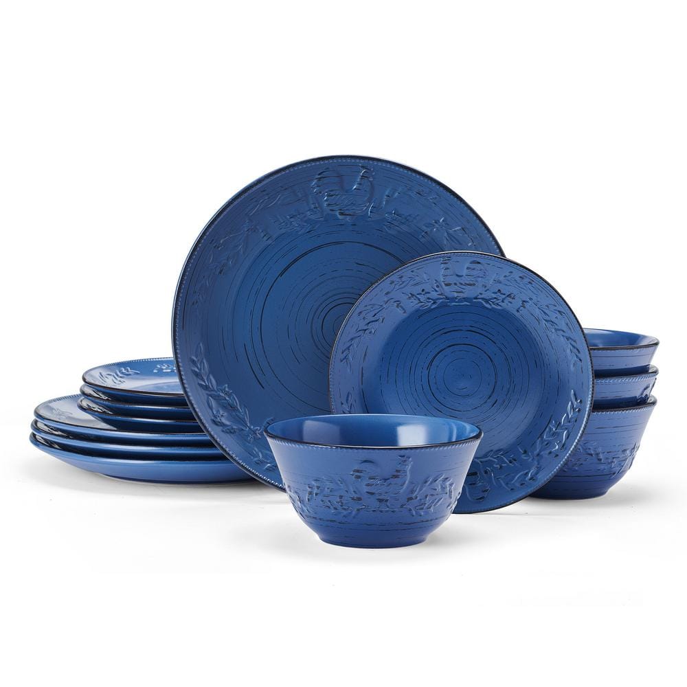 Trellis Blue Ceramic Rooster 12-Piece Dinnerware Set