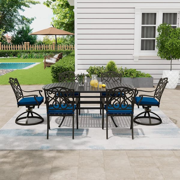 7-Piece Black Cast Aluminum Outdoor Dining Set with Grid Style Oval Table, Dining Chairs with Navy Blue Cushions