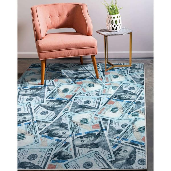 Money Dollar Front Novelty Printed Green Blue 5 ft. x 7 ft. Area Rug