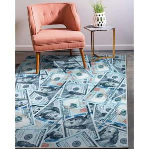 Money Dollar Front Novelty Printed Green Blue 7 ft. 7 in. x 9 ft. 10 in. Area Rug