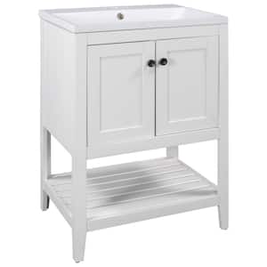 24 in. W x 17.8 in. D x 33.6 in. H Freestanding Bath Vanity in White with Ceramic Basin Top and Open Style Shelf