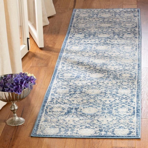 Brentwood Navy/Cream 2 ft. x 20 ft. Distressed Multi-Floral Border Runner Rug