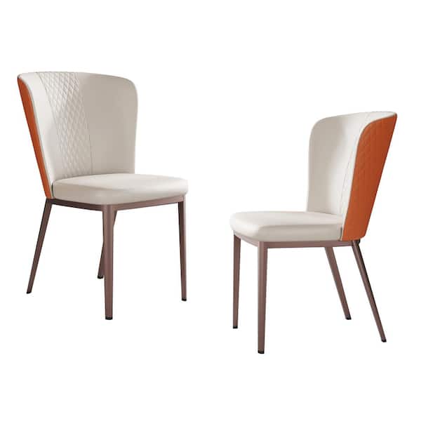 Magic Home Set of 2 PU Dining Chair with Moran Purple Metal Leg, White and Orange