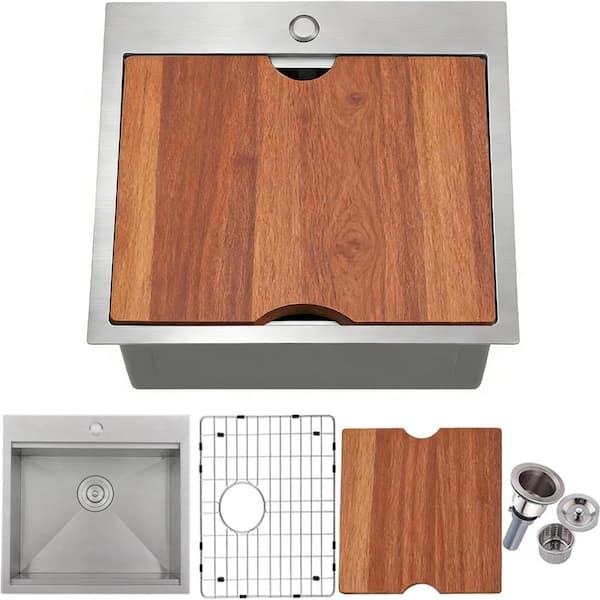 21 in. Drop-In Single Bowl 16-Gauge Stainless Steel Outdoor Workstation with Rear-Set Drain and Accessories