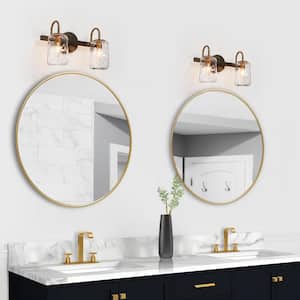 Modern 2-Light Vanity Light Brushed Black and Plating Brass Bathroom Wall Light with Jar Textured Glass Shades