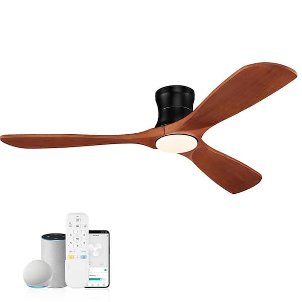 52 in.Wood Smart Outdoor Indoor Black Flush Mount Ceiling Fans with Lights Remote,WIFI Alexa App workable,Quiet DC Motor
