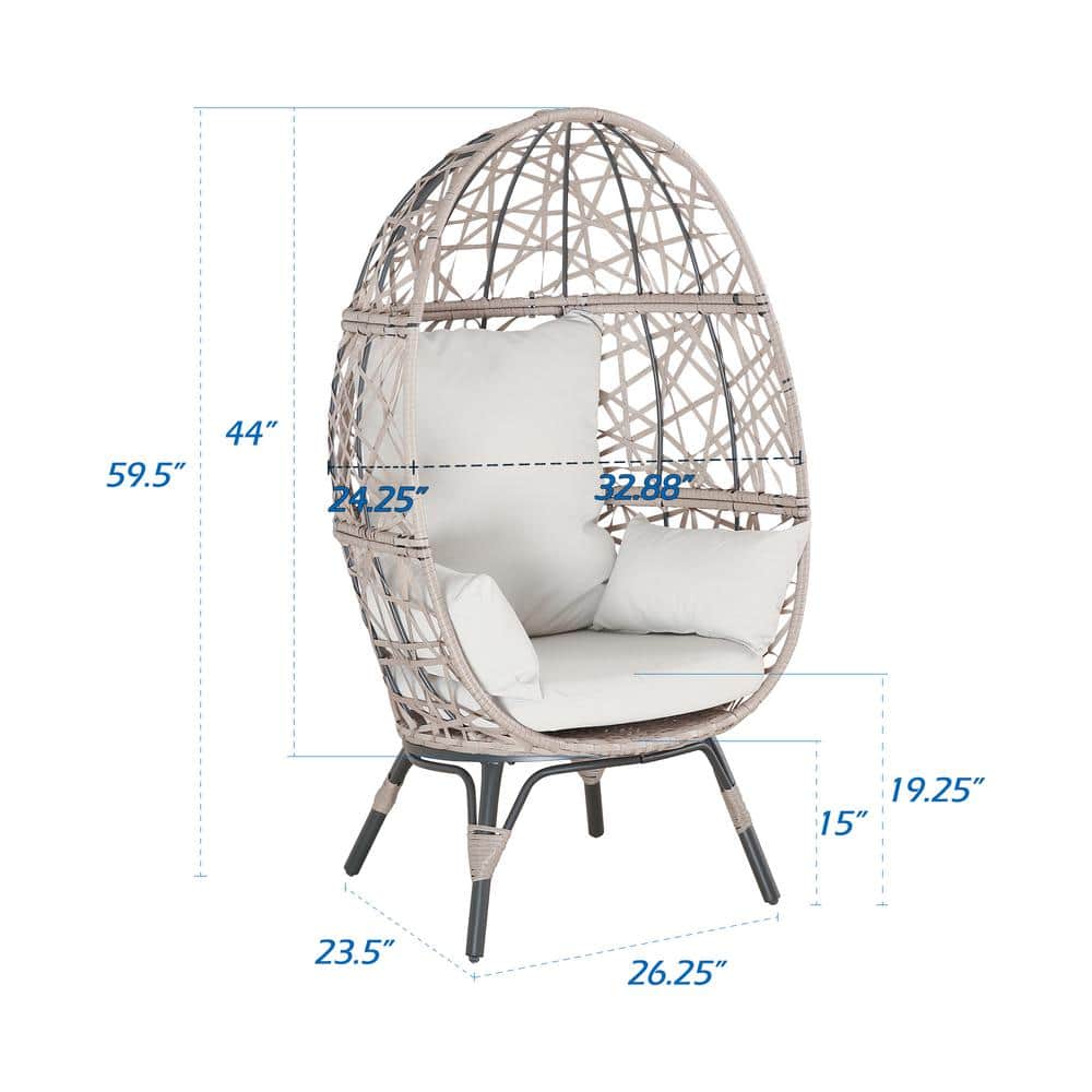 Beige Wicker Teardrop Egg Chair with Cushions and Steel Frame