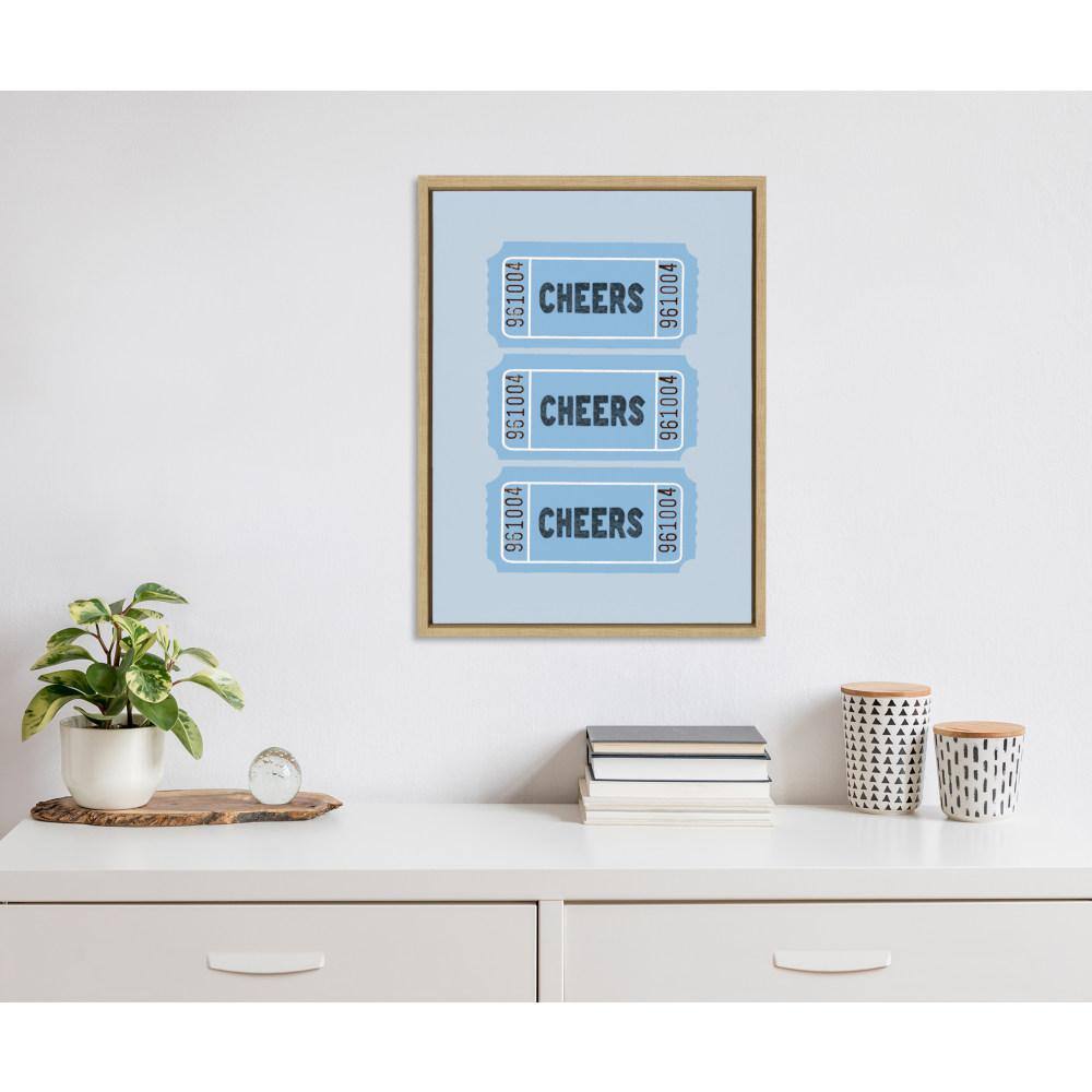 Cheers Blue Ticket Framed Canvas Print with Natural Wood Frame