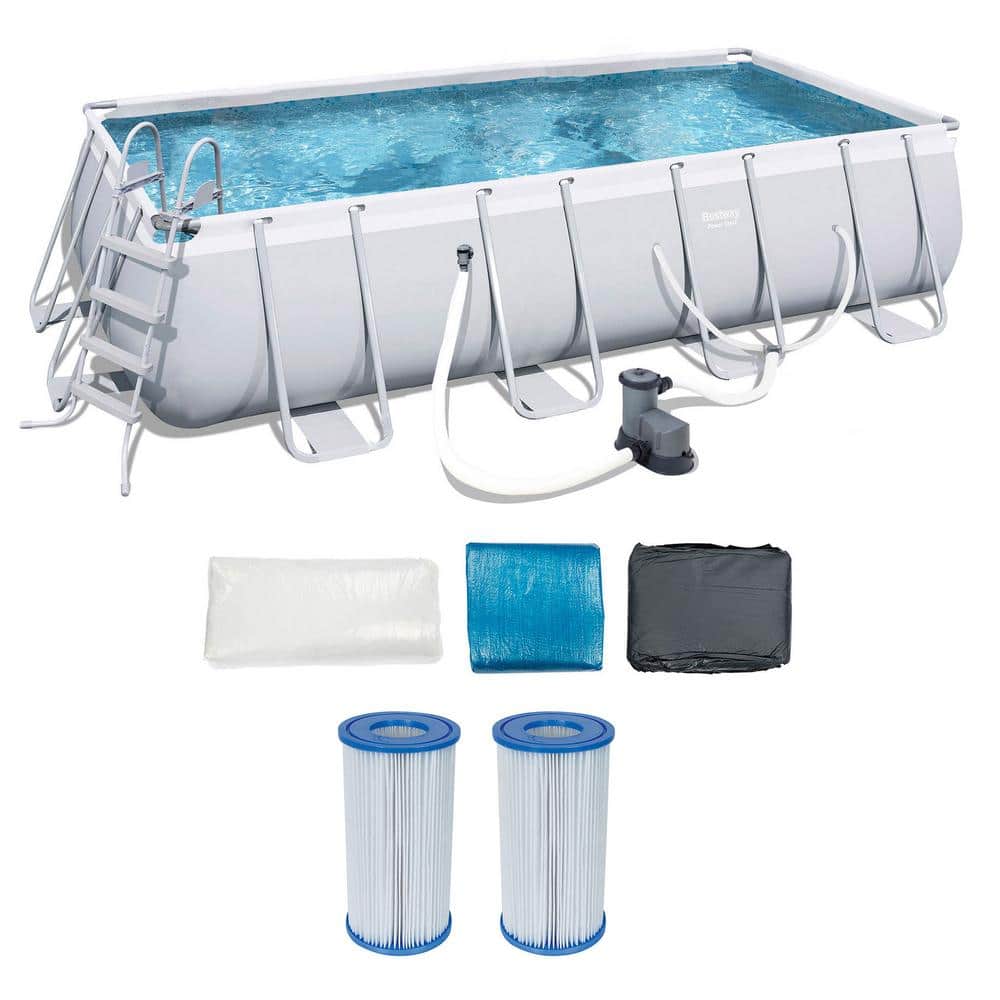 Bestway 18 ft. x 9 ft. Rectangle 48 in. Metal Frame Above Ground Pool Set with Ladder, Pump and Cartridges (2-Pack), Gray -  143006