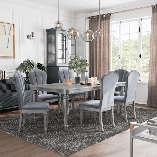 Furniture of America Seabliss 7-Piece Glam Rectangle Silver Wood Top Dining Room Set Seats 6