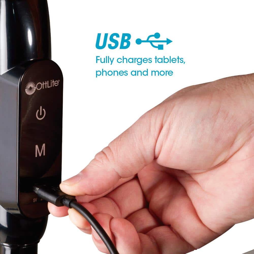 Adjustable Black LED Floor Lamp with USB Charging and Tablet Stand
