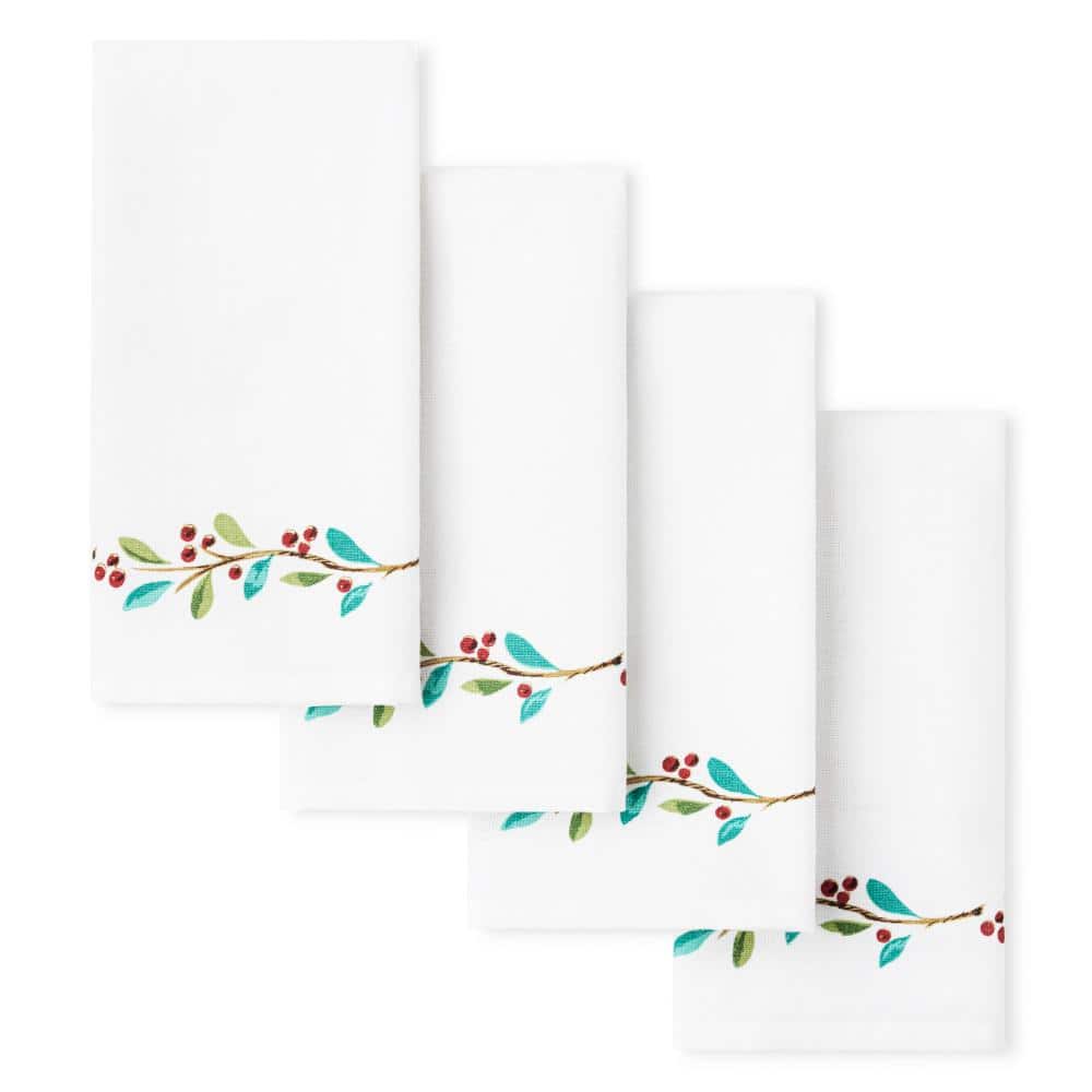 Holly Sprig Holiday Border Cotton Napkins Set, White/Red/Green