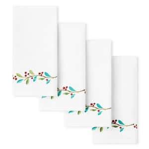 Holly Sprig Holiday Border Cotton-Rich 19 in. x 19 in. White/Red/Green Napkins Set (4-Pack)