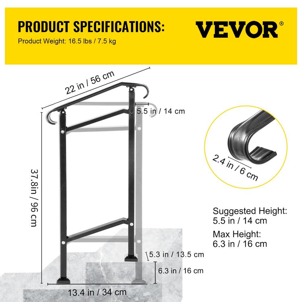 Adjustable Black Wrought Iron Handrail for 1-2 Steps