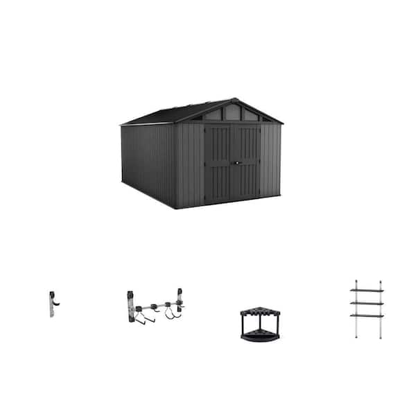 Stronghold 10 ft. x 15 ft. Resin Shed, Bike Hanger, Multi Hanger, 22 in. Tool Rack and 12 in. Shelving Kit Combo