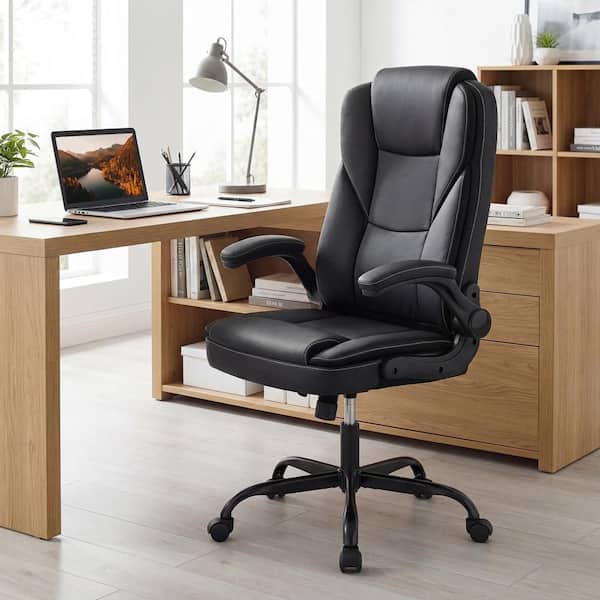 Black Leather Office Chair with Flip-up Armrests, Rocking Function, Adjustable Height