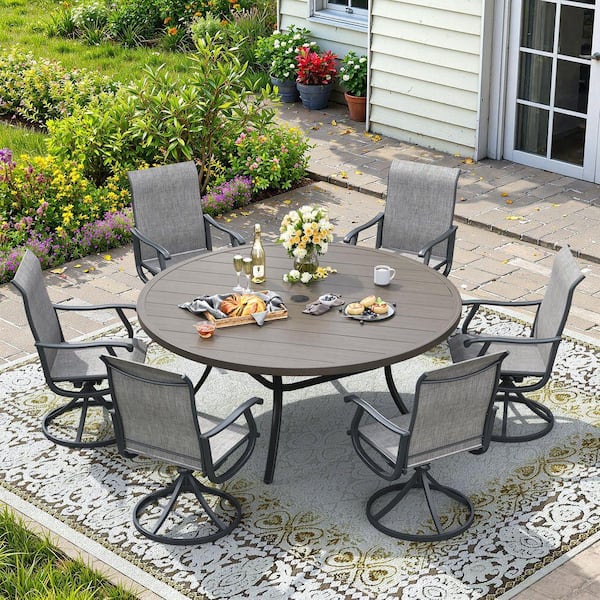 7-Piece Metal Patio Dining Set with Grey Wood-Like Round Dining Table and 6 Grey Textilene Swivel Dining Chairs
