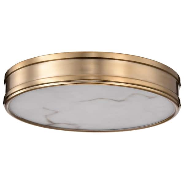 SATCO Kendall 14.25 in. Burnished Brass Transitional Flush Mount with Alabaster Glass Shade and Selectable Integrtated LED