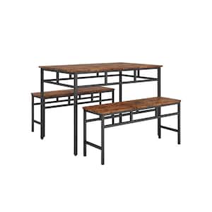 43.31 in. Rustic Brown 3-Pie Kitchen Table Dining Table Breakfast Table with Two Benches Set for 4-6 People