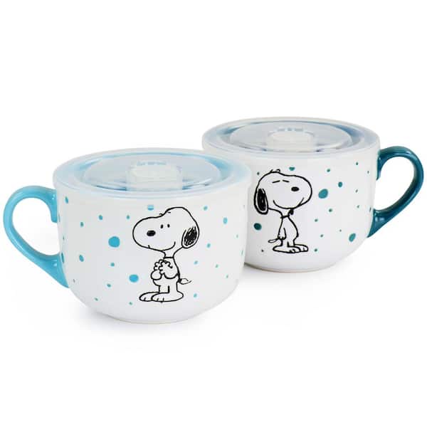 Peanuts Freckled Joy 25 fl. oz. Assorted Colors Stoneware Soup Bowl Cup and Lid (Set of 4)