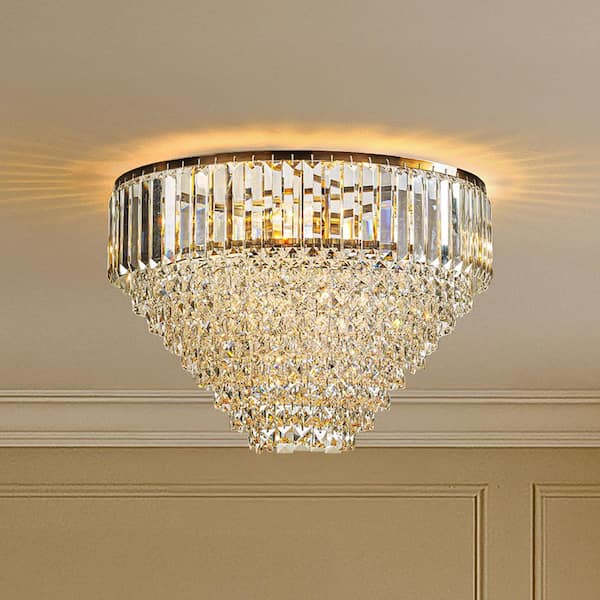5 Lights 20" Modern Glam Antique Gold Crystal Tiered Flush Mount Luxury Ceiling Light For Dining Room Bedroom