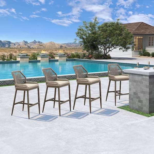 Modern Aluminum Twill Wicker Woven Bar Height Outdoor Bar Stool with Back and Sunbrella Khaki Cushion (4-Pack)