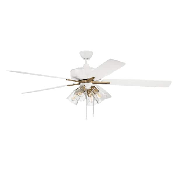 CRAFTMADE Super Pro-104 60 in. Indoor White/Satin Brass Heavy-Duty Dual Mount Ceiling Fan with 4-Light Clear Glass Light Kit