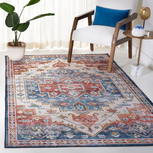Tuscon Blue/Rust 9 ft. x 12 ft. Machine Washable Ikat Floral Area Rug