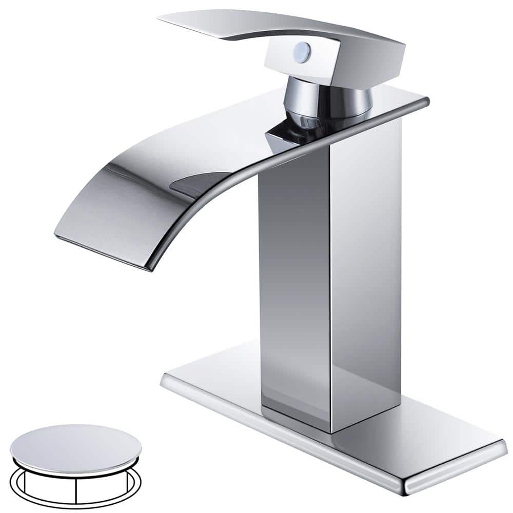 Waterfall Spout 1-Handle Low Arc 1-Hole Bathroom Faucet with Deckplate and 