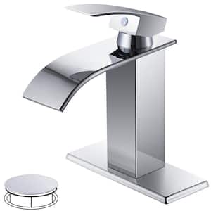 Waterfall Spout 1-Handle Low Arc 1-Hole Bathroom Faucet with Deckplate and Pop-up Drain in Polished Chrome