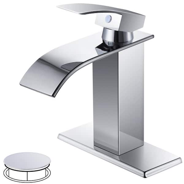 AKLFGN Waterfall Spout 1-Handle Low Arc 1-Hole Bathroom Faucet with Deckplate and Pop-up Drain in Polished Chrome