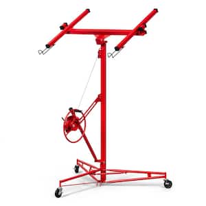 11 ft. Steel Red Drywall Lift Jack Lift Drywall Panel Hoist with Adjustable Telescopic Arm and Lockable Casters