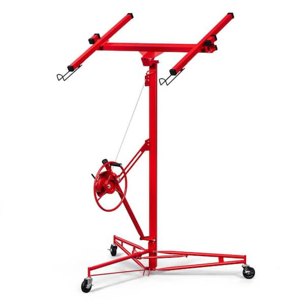 Tunearary 11 ft. Steel Red Drywall Lift Jack Lift Drywall Panel Hoist with Adjustable Telescopic Arm and Lockable Casters