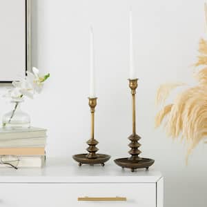 Brass Metal Antique Style Candle Holder with Round Candle Plate (Set of 2)