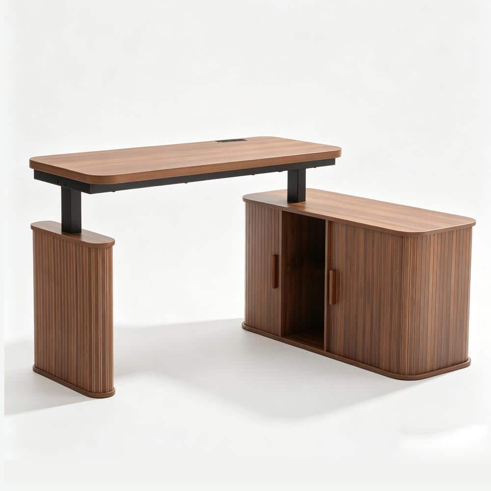 47.24 " Expandable Fluted L-Shaped Desk, Freely Walnut Computer Desk, with Open Storage Cabinet