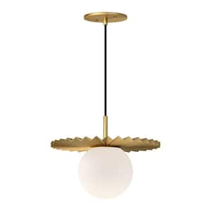 Plume 12 in. 1 Light 60-Watt Brushed Gold/Opal Matte Glass Pendant Light