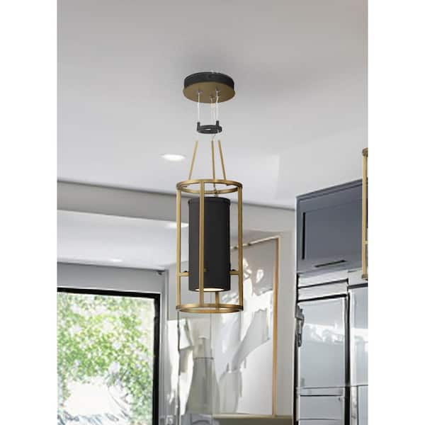Levitation 14-Watt 1-Light Sand Black and Soft Brass Cage Mini Integrated LED Pendant Light with Faux Alabaster Shade