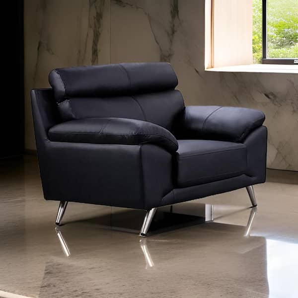 Benjara Justin Black and Chrome Leather Arm Chair with Steel Legs