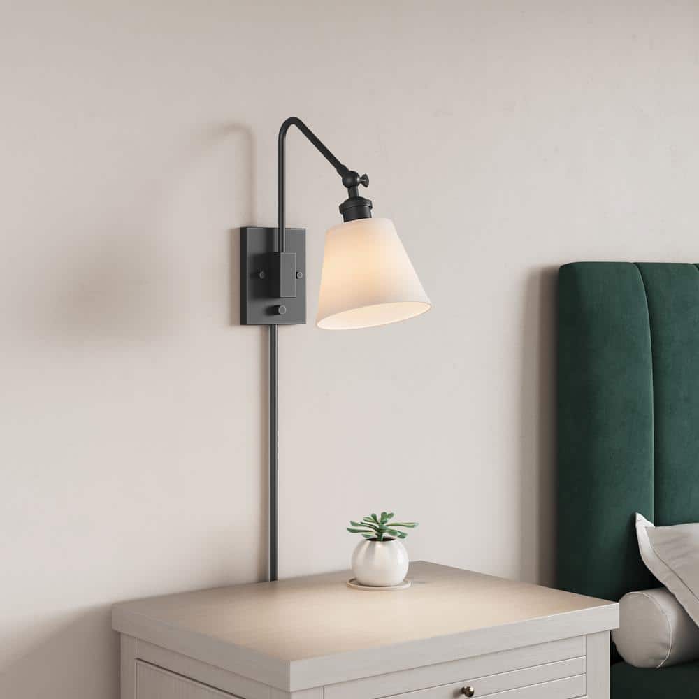 Matte Black Adjustable Swing Arm Wall Sconce with Fabric Shade