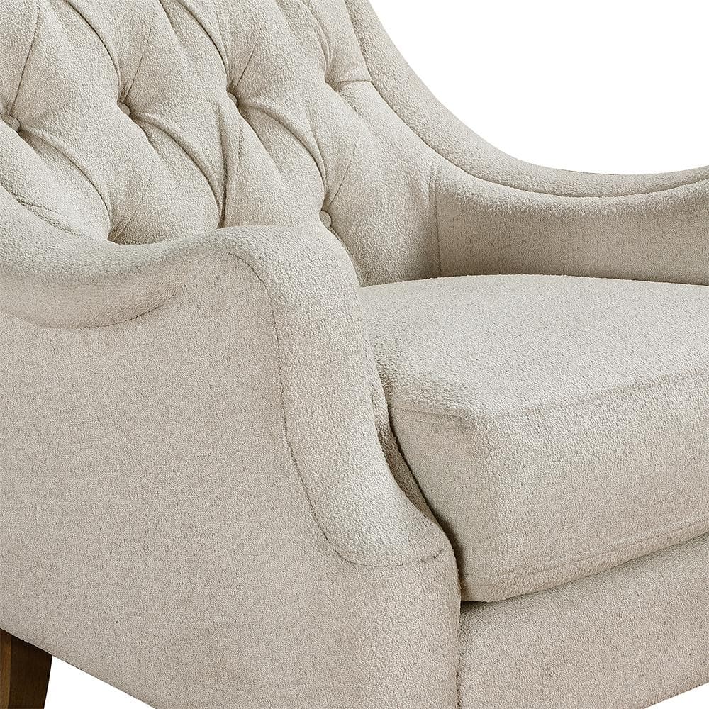 Beige Boucle Fabric Accent Chair with Dark Brown Wood Legs