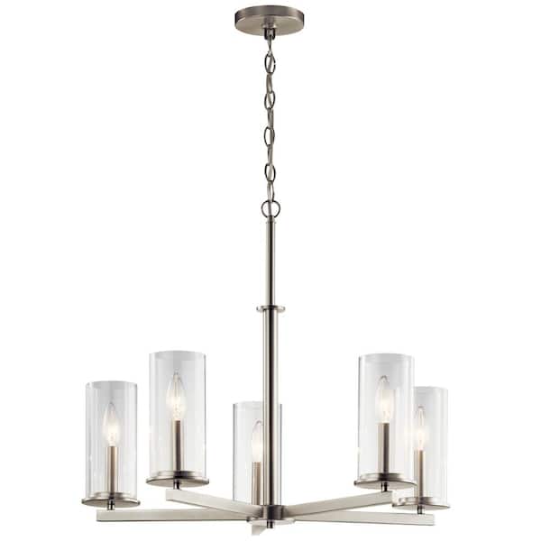 Crosby 26.25 in. 5-Light Brushed Nickel Contemporary Candlestick Cylinder Chandelier for Dining Room