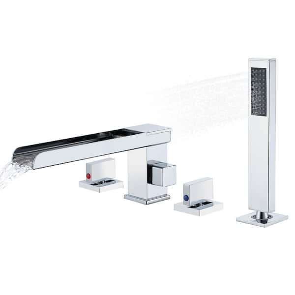 2-Handle Tub-Mount Roman Tub Faucet with Hand Shower in Polished Chorme, 4 Hole Waterfall Tub Faucet with 360° Spout