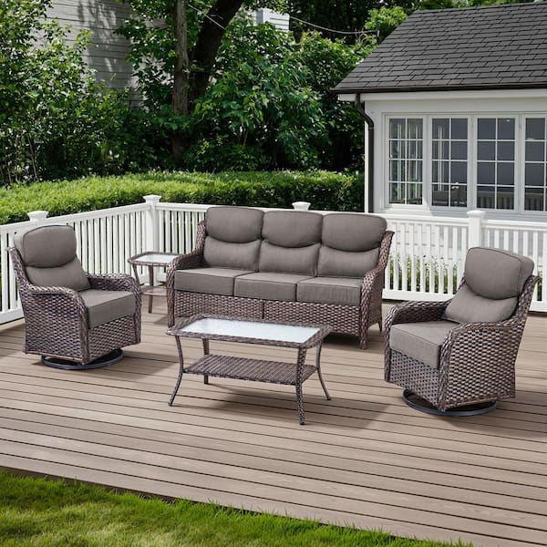 Arcadia Brown 5-Piece Wicker Patio Conversation Set with Coffee Table and 6 in. Thick Olefin Gray Cushions